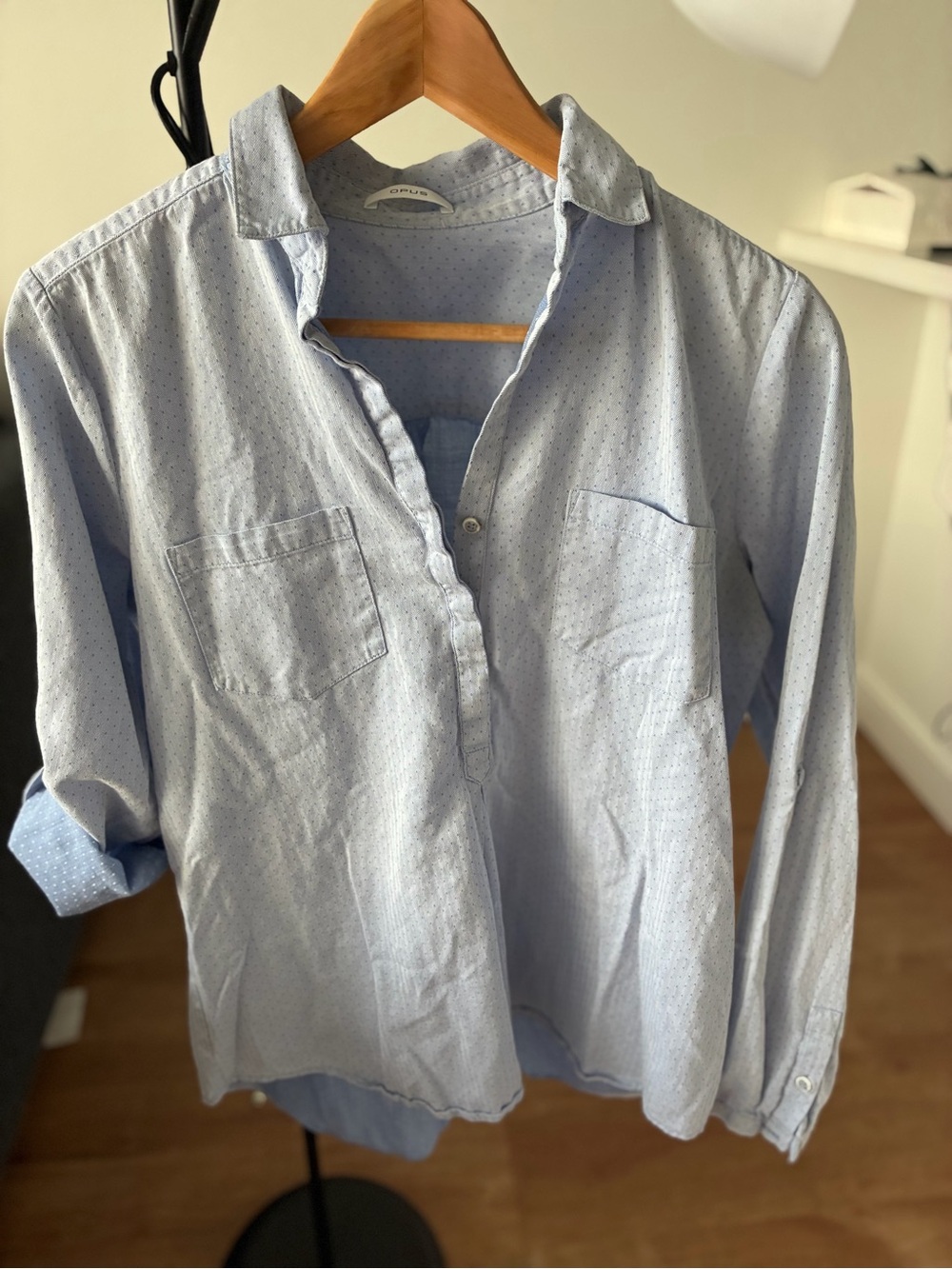 Women’s Light Blue Dot-Pattern Button-Up Blouse